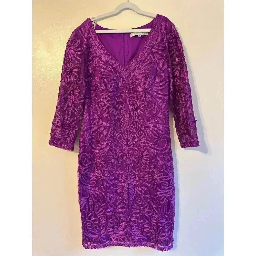 NWT Sue Wong Magneta Beaded Embroidered 3/4 Length Sleeve V-Neck Sheath Dress 4 - Picture 4 of 12